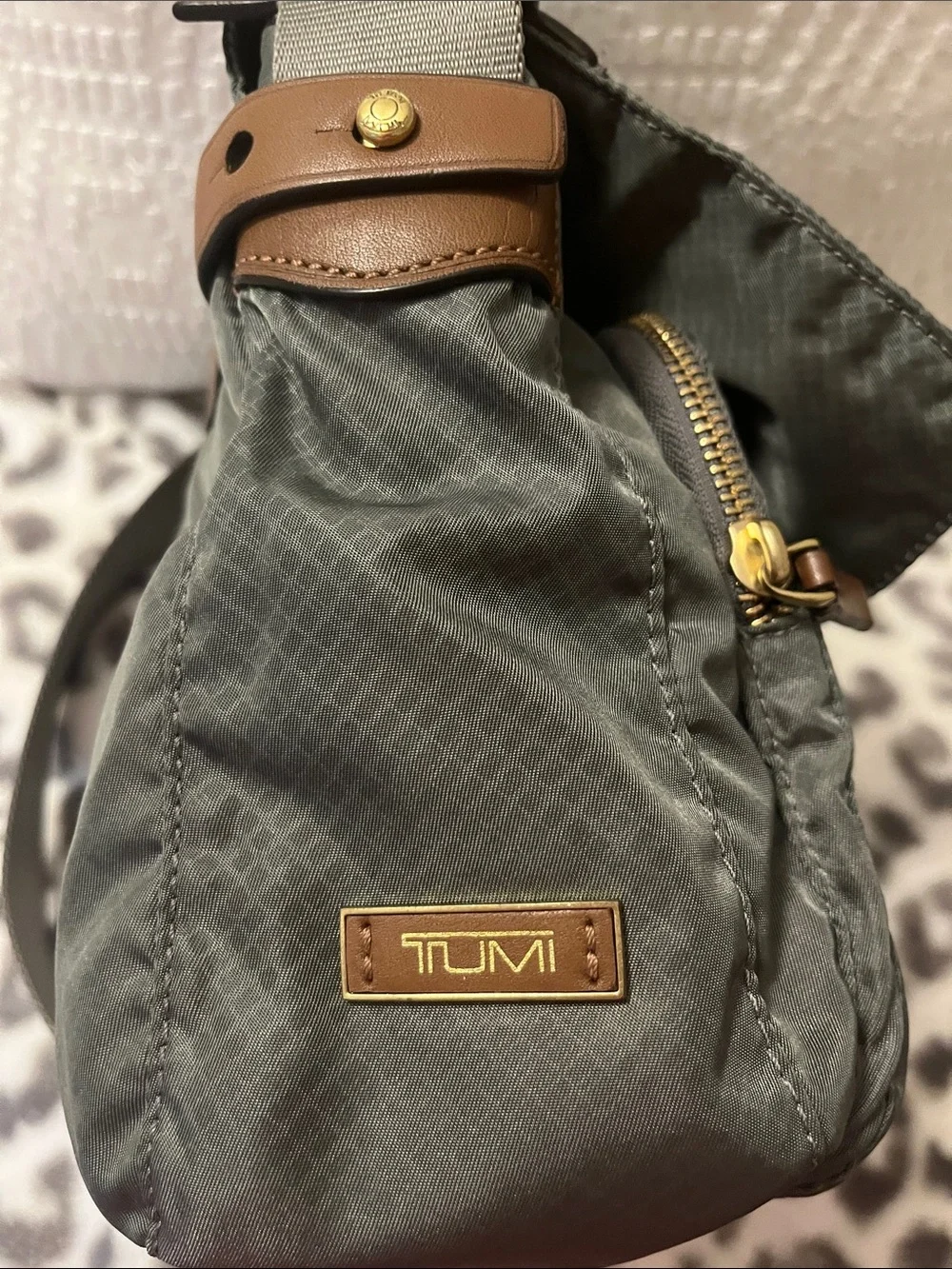 Tumi Grey Crossbody Bag with Brown Leather Trim